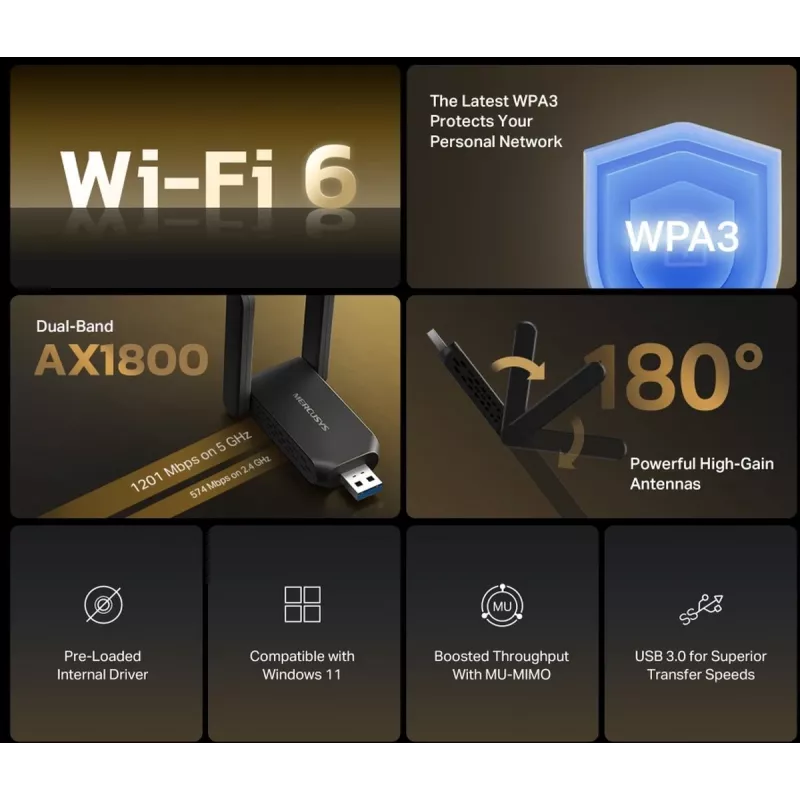 Wi-Fi USB adapteris MERCUSYS MA72XH AX1800 ar augsta pastiprinājuma antenām