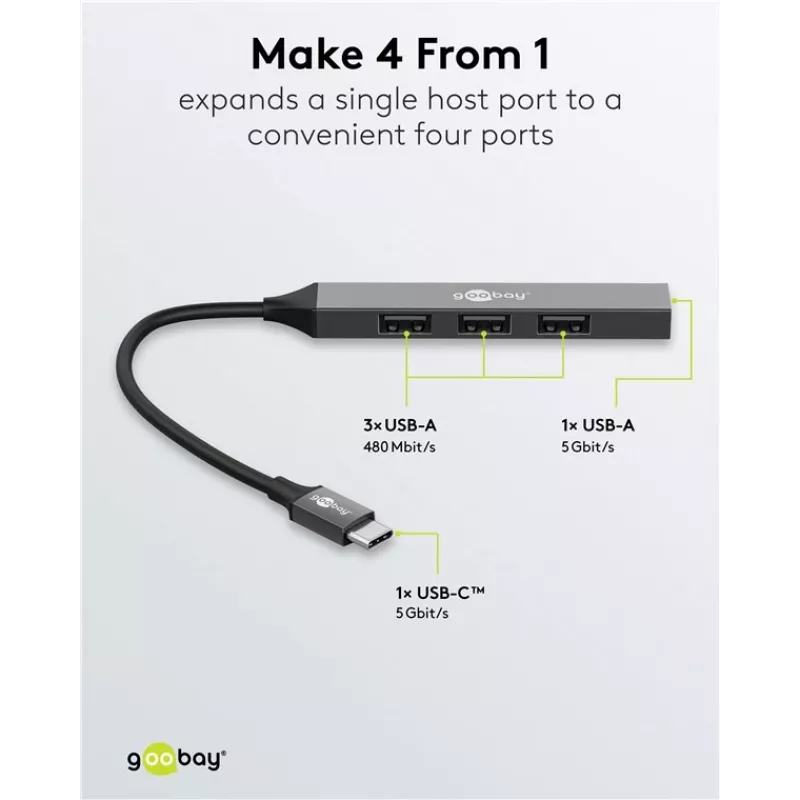 Goobay Slim 4-Port USB-Hub, USB-C™ uz USB-A, USB 3.2 (74457)