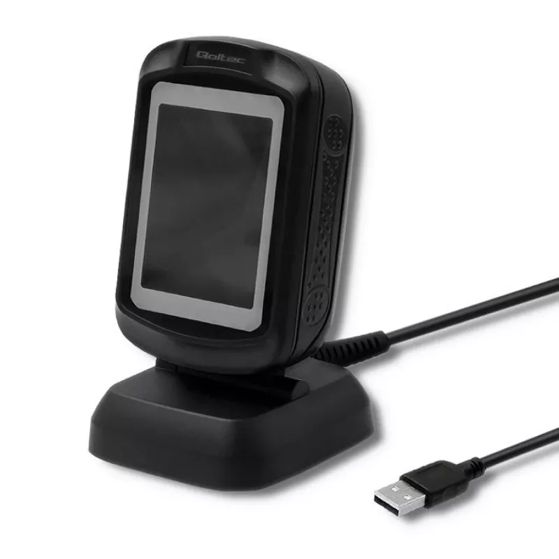 Fiksēts 1D/2D svītrkodu lasītājs QOLTEC 50864, LED sensors, USB vadu savienojums, melns, 145×85×80 mm