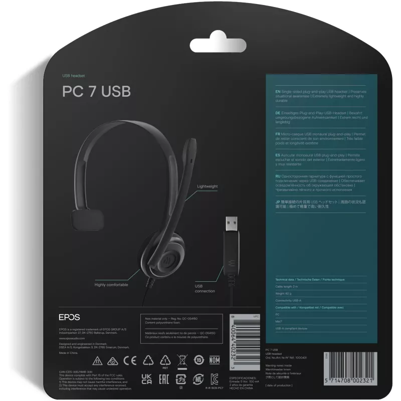 Sennheiser PC 7 USB austiņas ar vadu, galvas saite, birojam/zvanu centram, USB Type-A, melna