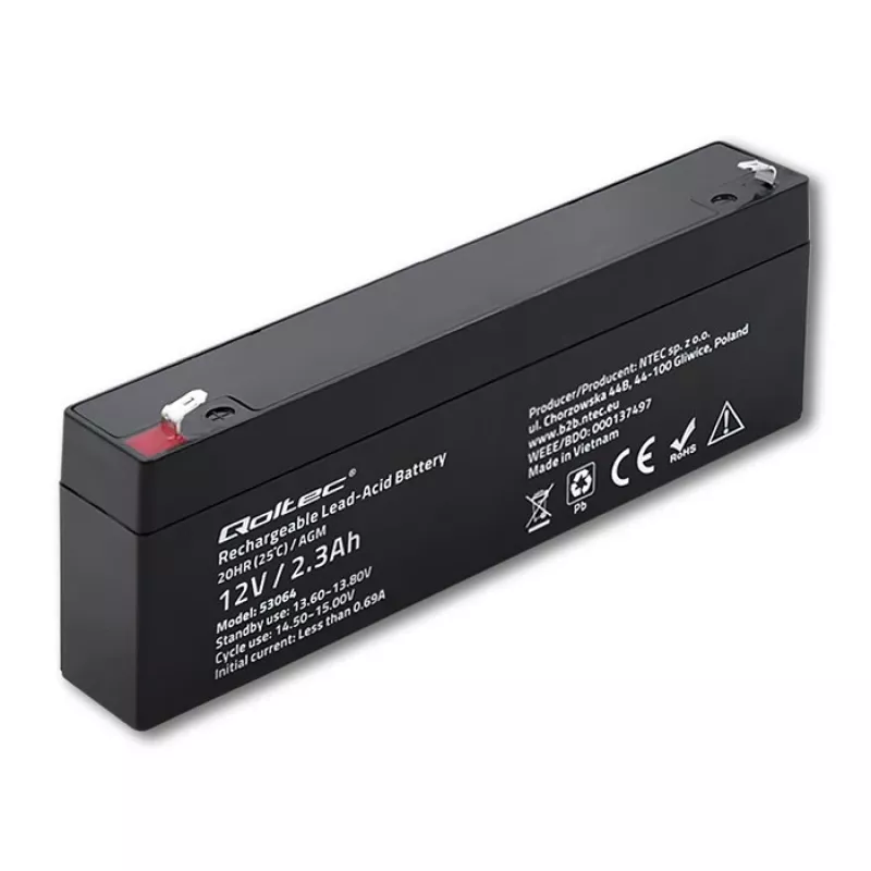Hermētiska AGM baterija QOLTEC 12V 2.3Ah UPS un rezerves sistēmām, maksimālā izlāde 34.5A