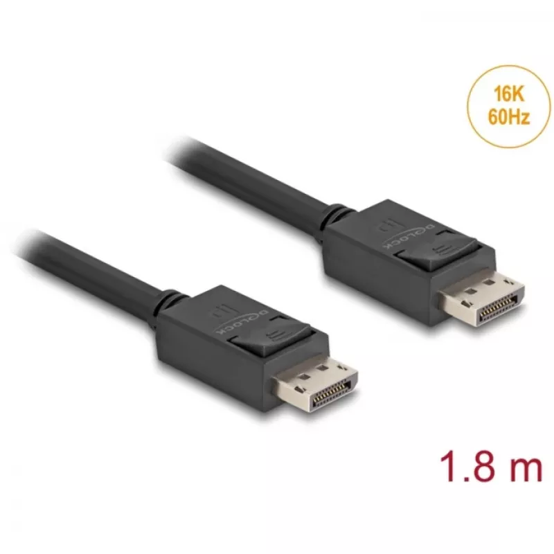 Delock - DisplayPort kabelis - DisplayPort (vīriešu) ar fiksatoru pret DisplayPort (vīriešu) ar fiksatoru - DisplayPort 2.1 - 1,8 m - Atbalsta 16K 60 Hz (15 360 x 8640), līdz 80 Gbps datu pārraidei
