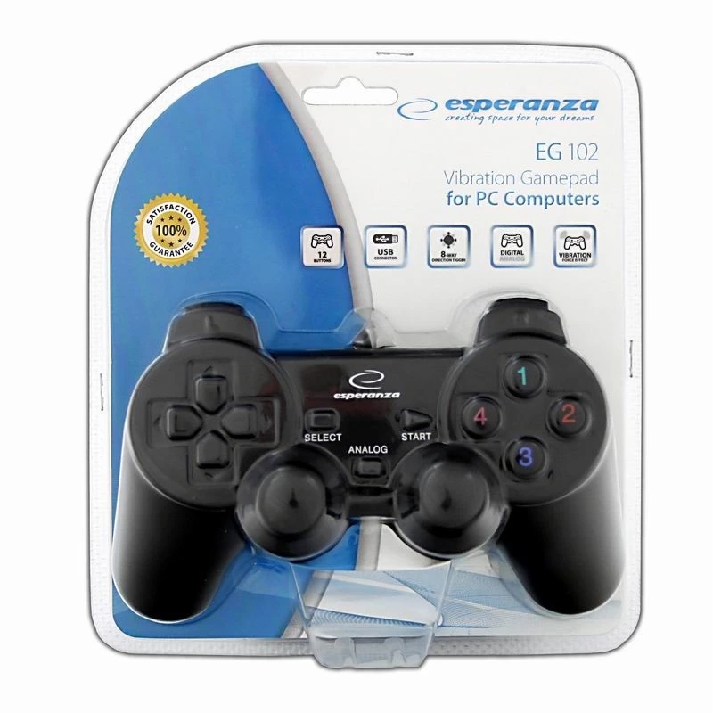 Gamepad ESPERANZA EG102 vadu USB 2.0, PC/PlayStation 3 atbalsts, D-pad, vibrācija, melns