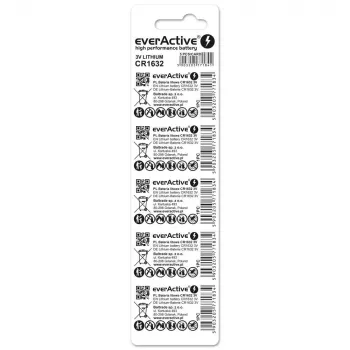 Baterija everActive CR1632 litija vienreizējās lietošanas monēta 3 V — 5 gab., 16 mm × 3,2 mm