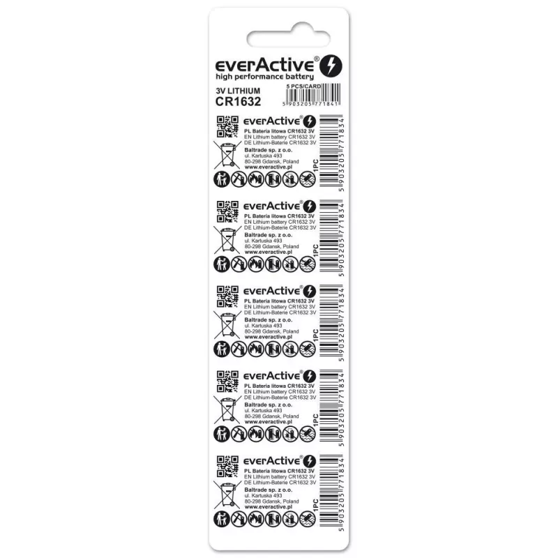Baterija everActive CR1632 litija vienreizējās lietošanas monēta 3 V — 5 gab., 16 mm × 3,2 mm