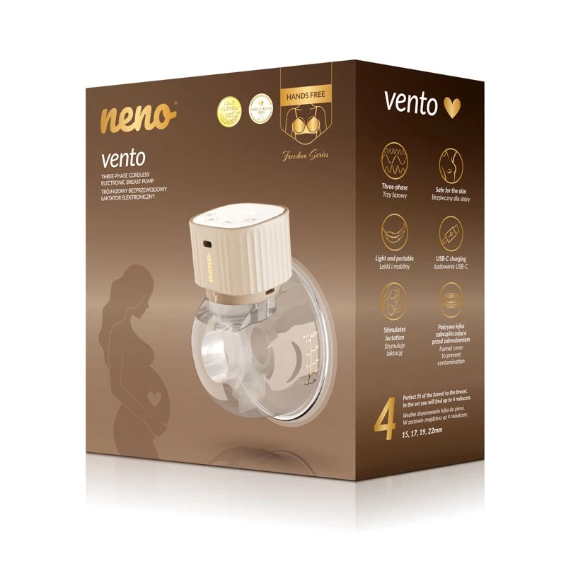 Bezvadu elektroniskais krūts sūknis neno VENTO Three-Phase, uzlādējams, pārnēsājams, LCD displejs, 150 ml pudele, bez BPA, bēšs