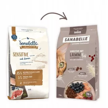 Sausā kaķu barība Bosch Sanabelle Life Sensitive — jēra gaļa ar mellenēm, 8 kg, pieaugušiem kaķiem, bez graudiem, 31% olbaltumvielu