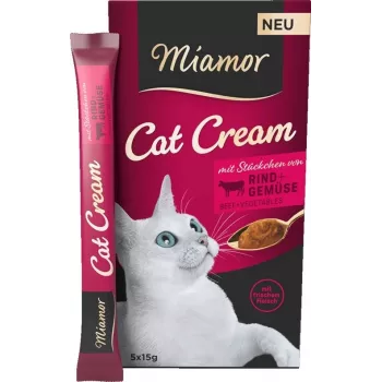 Mitrs kaķu kārums Miamor MIAMOR Cat Cream Beef 5×15 g — pastas tūbiņas, 6×15 g, pieaugušiem kaķiem, mitrums 87%