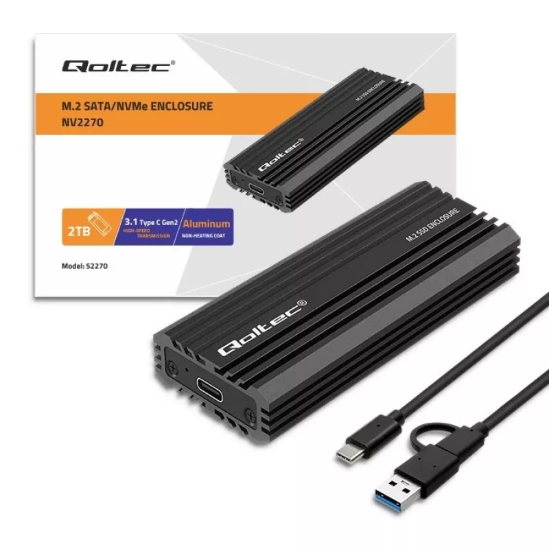Ārējais SSD korpuss QOLTEC NV2270 M.2 SATA/NVMe diskdziņiem, USB-C, līdz 2 TB