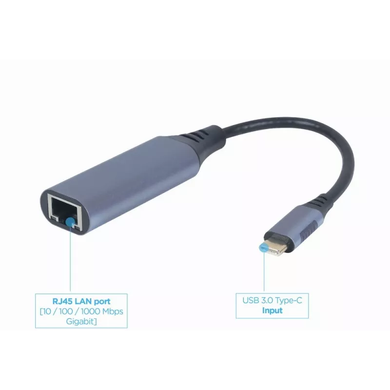 Tīkla adapteris Gembird A-USB3C-LAN-01 Type-C USB 3.2 Gen 1, Gigabit RJ-45, 0,15 m kabelis, metāla korpuss, pelēks/melns