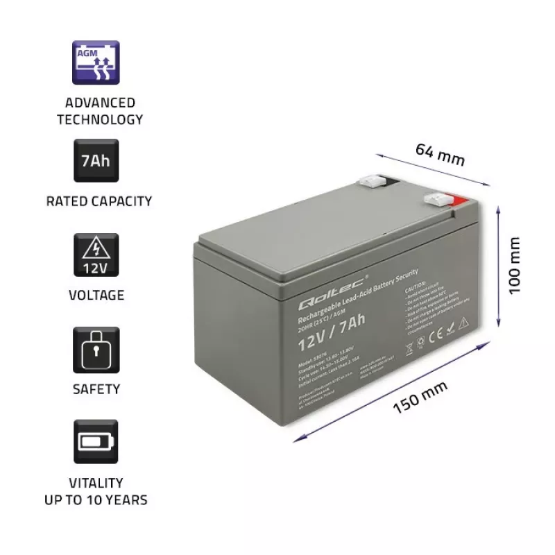 Qoltec 53076 AGM akumulators | 12V | 7Ah | Drošība