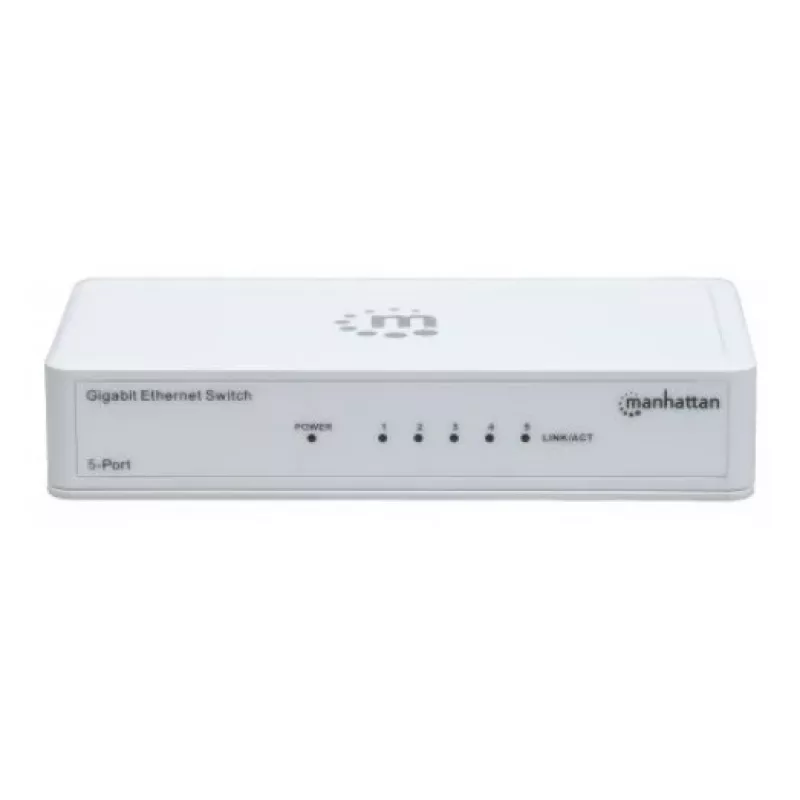 Manhattan 5 portu gigabitu Ethernet slēdzis, darbvirsmas izmērs, plastmasa, IEEE 802.3az (energoefektīvs Ethernet), trīs gadu garantija, kaste