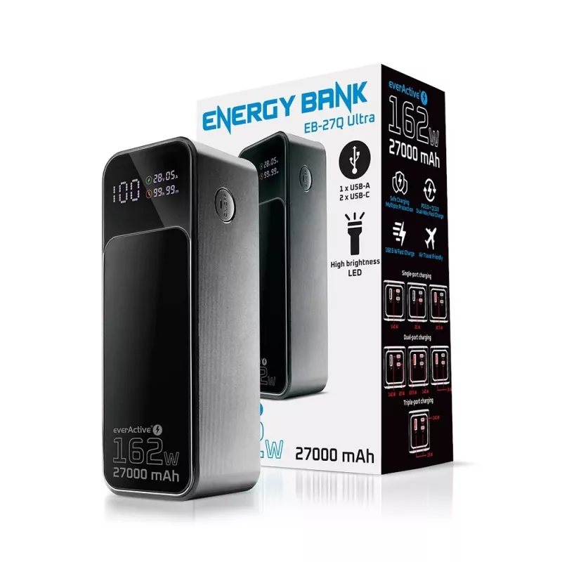 Ārējais akumulators everActive EB-27Q 27 000 mAh, 2× USB-C, Quick Charge 4+