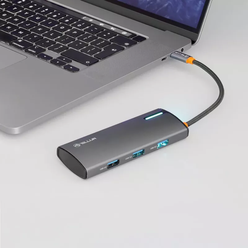 USB-C centrmezgls Tellur TLL321061 ar PD 3.0 100W, HDMI izeju un 3× USB 3.0 portiem