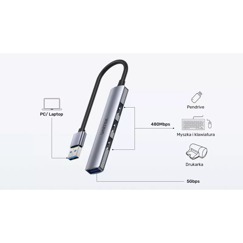 Unitek H1208A USB-A sadalītājs, 4 porti (1x USB-A 5 Gbps, 3x USB-A 2.0), alumīnijs, sudraba