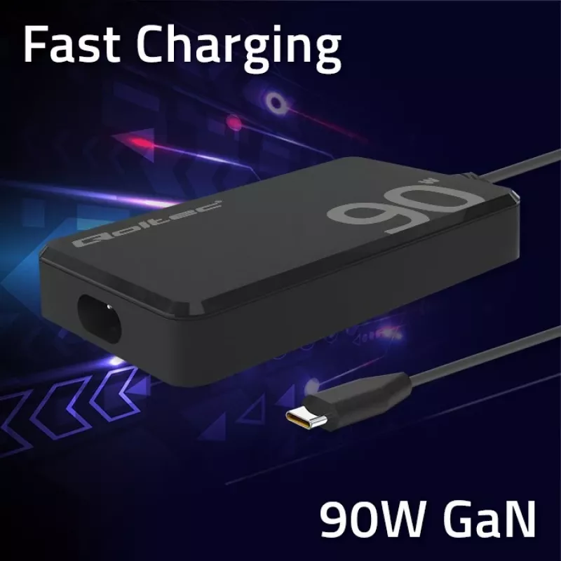 Qoltec 90W GaN Super Fast SLIM sienas lādētājs | XP | 5-20V | 4.5A | USB-C 3.1 | Portatīvais dators | MacBook | Viedtālrunis | + kabelis