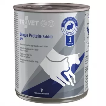 Mitrā barība TROVET Unique Protein UPR Rabbit 800 g — uz truša gaļas bāzes veidota pilnvērtīga mitrā barība pieaugušiem kaķiem un suņiem, alerģijas formula, bez lipekļa un sojas