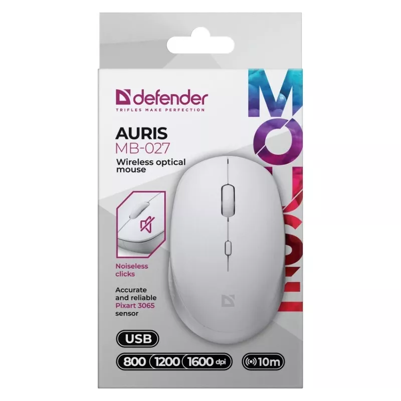 Bezvadu pele ar klusu klikšķi AURIS MB-027 800/1200/1600 DPI balta
