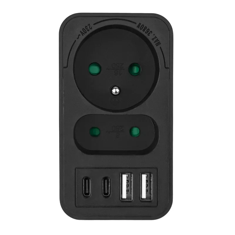 Strāvas sadalītājs MACLEAN MCE249 F/B — 2 maiņstrāvas ligzdas (16A + 6A) ar 2×USB-A un 2×USB-C PD 20W, ES spraudnis, melns