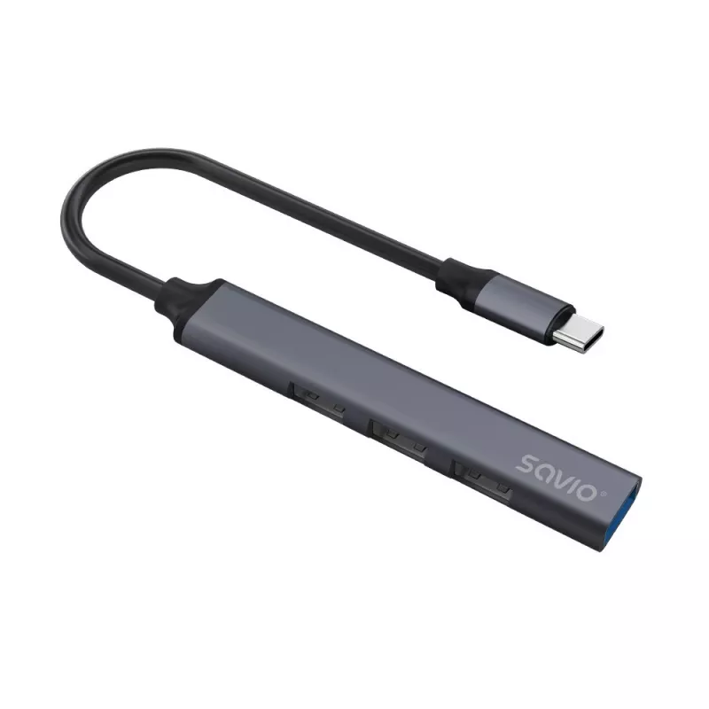 USB 3.0 4-portu saskarnes centrmezgls SAVIO AK-71 ar USB-C resursdatora pieslēgvietu, 5000 Mbit/s, 2 gadu garantija