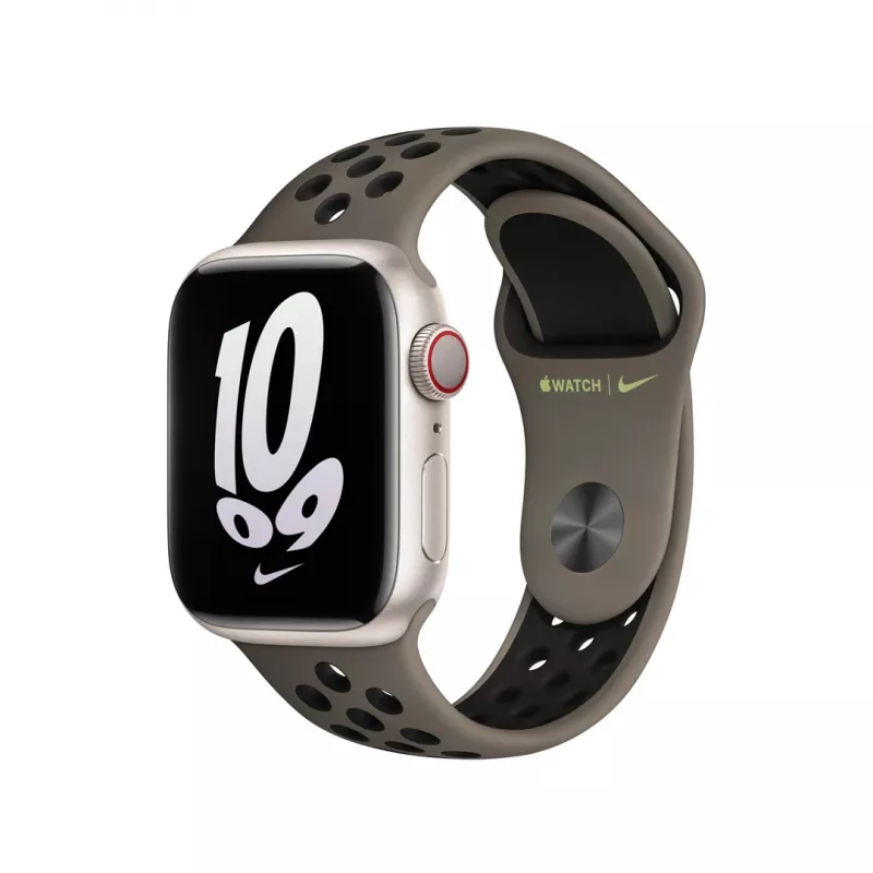 Siksniņa Apple viedpulkstenim, 41 mm, olīvpelēka/melna Nike Sport siksniņa, fluorelastomērs, plaukstas locītavai 130–200 mm