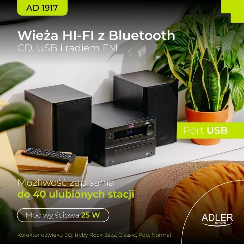 Mini Hi‑Fi stereo sistēma Adler AD 1917 — Bluetooth V5.3, CD/USB/MP3, 2×25W RMS, FM uztvērējs, 4 joslu EQ, AUX, melna