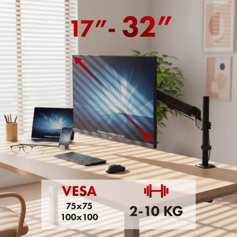 Monitora kronšteins MACLEAN MC-135 ar gāzes atsperi 17 collu–32 collu ekrāniem, slodze 2–10 kg, melns