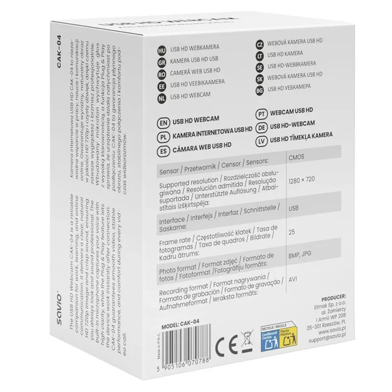 Savio CAK-04 tīmekļa kamera 720 MP 1280 x 720 pikseļi USB Melna