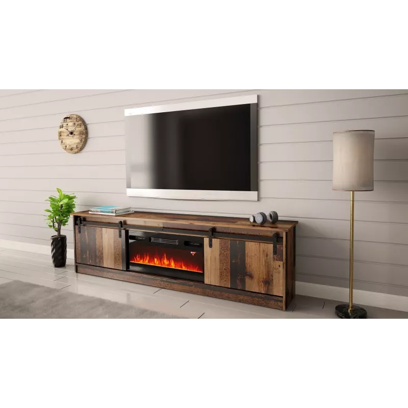 TV skapis Cama Meble GRANERO ar kamīna skapi, 2000×567×350 mm, skaidu plātne/MDF, 2 bīdāmas durvis, matēts vecā koka izskats