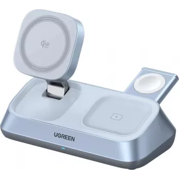 UGREEN MagFlow W711 3-in-1 magnētiskā Qi2 25W bezvadu galda lādētājs iPhone, AirPods un Apple Watch, sudraba