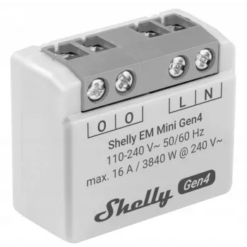 Viedais relejs Shelly Relay EM Mini Gen4 1 kanāla Wi‑Fi Matter Zigbee Bluetooth 8A, 110–240V, enerģijas skaitītājs