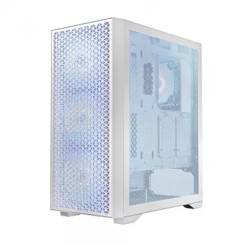 PC korpuss LOGIC Dart Pro Midi ARGB balts — Midi Tower, ATX, 456×200×385 mm, maks. GPU 34 cm, CPU dzesētāja augstums 155 mm, 3x120mm priekšā + 1x120mm aizmugurē, USB 3.0 x2, USB-C x1