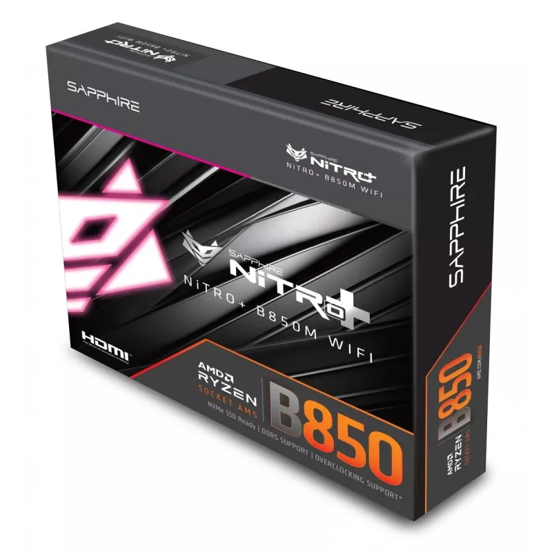 Mātesplate Sapphire NITRO+ B850M WIFI — AMD B850, ligzda AM5, micro ATX, DDR5, 4x DIMM, Wi‑Fi 6, 2.5Gb LAN, 2x M.2