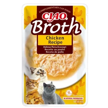 Mitrā kaķu kārums INABA Ciao Broth Chicken 40 g paciņa — gaļīgs šķidrums, bez graudiem, bez glutēna un sojas