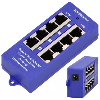 PoE injektors Extralink Gigabit 4 portu, 4x 1000Mb/s RJ45, 48V, zils/melns