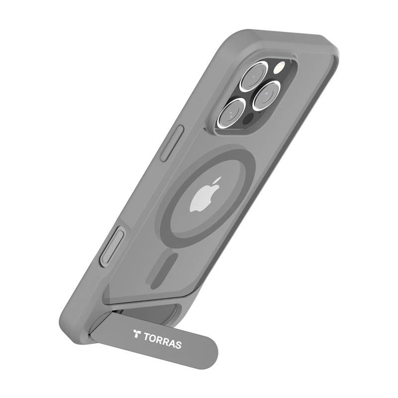 Aizsargājošs telefona vāciņš Torras Pstand sērija iPhone 16 Pro Max, pelēks, plāns profils ar integrētu statīvu
