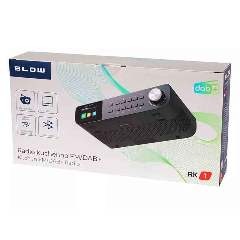 Pārnēsājama virtuves FM/DAB+ radio BLOW RK1 — kompakts, melns, darbināms no tīkla vai baterijām