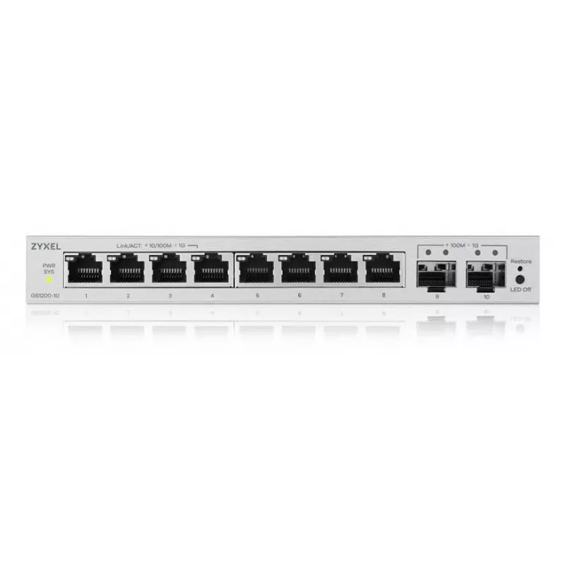 Pārvaldāms L2 Gigabit slēdzis Zyxel GS1200-10v3 — 8 x Gigabit (10/100/1000), 20 Gbps, MAC 4000, darbvirsmas, pelēks
