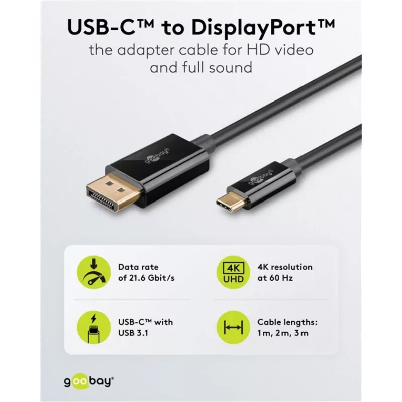 Goobay USB-C–DisplayPort kabelis - Zelta pārklājuma savienotāji, Ultra HD izšķirtspēja līdz 4K @ 60 Hz, C tipa Thunderbolt 3/4–DP adapteris, saderīgs ar