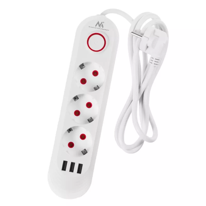 Strāvas sloksne MACLEAN MCE394W — 3 rozetes, 3×USB 2.1A, 110–240V AC, 2500W, 1,5 m kabelis, balta