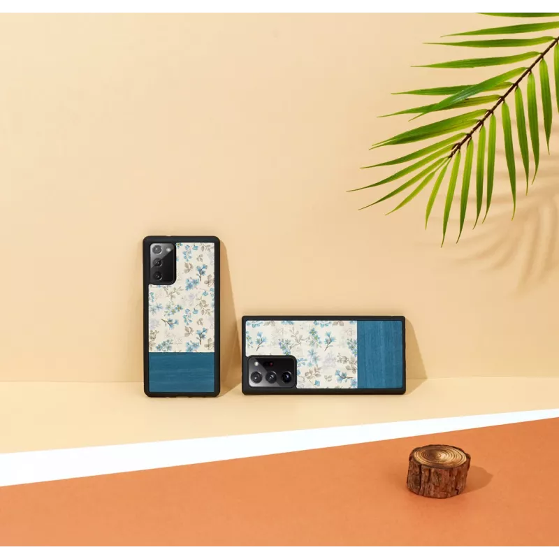 Telefona maciņš Man and Wood Galaxy Note 20 — zils zieds uz melna
