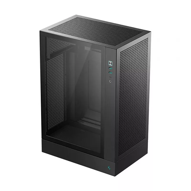 DeepCool CH170 PLUS Tower Melns — micro-ATX/mini-ITX korpusa korpuss, rūdīta stikla logs, USB-C, augšējais barošanas bloka novietojums