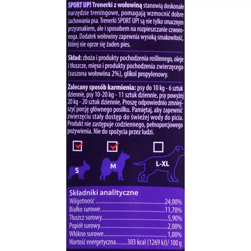 Suņu apmācības kārumi MACED Sport Up! Beef 300 g — liellopa gaļas garšas apmācības uzkodas pieaugušiem suņiem