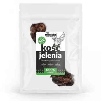 Suņu našķis UNISZKI Deer Bone Medium — dabīgs viens kožamais našķis vidēja izmēra suņiem 10–25 kg, bez graudiem, bez lipekļa, bez konservantiem, maisiņā