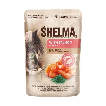 Mitrā kaķu barība SHELMA ar lasi mērcē, pilnvērtīga barība pieaugušiem kaķiem, 85 g, 10% olbaltumvielu, 81% mitruma