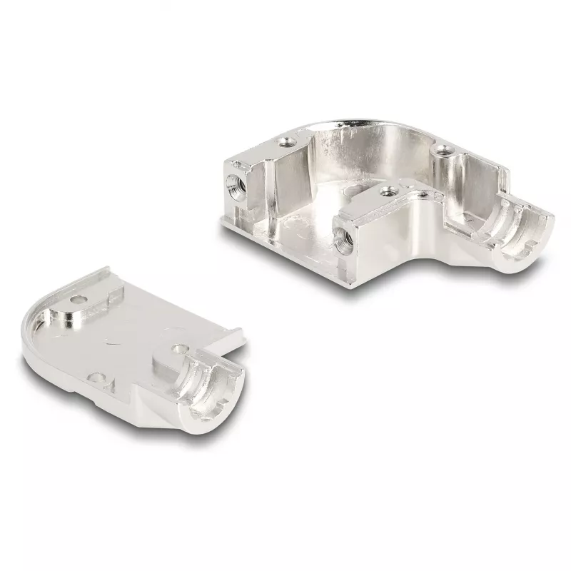 Kabeļa aizsargs DELOCK D-Sub korpuss 9‑kontaktu tēviņam/mātītei ar metāla kronšteinu 90° leņķī, sudraba, 33×47×16 mm