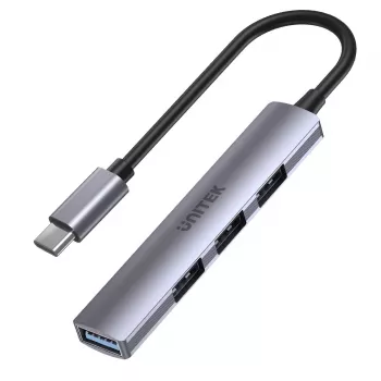 USB-C centrmezgls Unitek H1208B — 1x USB-A 5 Gbps, 3x USB-A 2.0, USB-C saimniekdators, alumīnija korpuss, 0,20 m kabelis