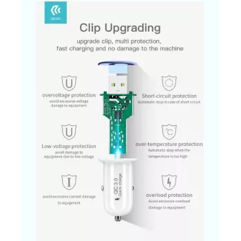 Auto lādētājs Devia Mushroom sērijas QC3.0 18W zelts – USB Quick Charge 3.0, 18W jauda
