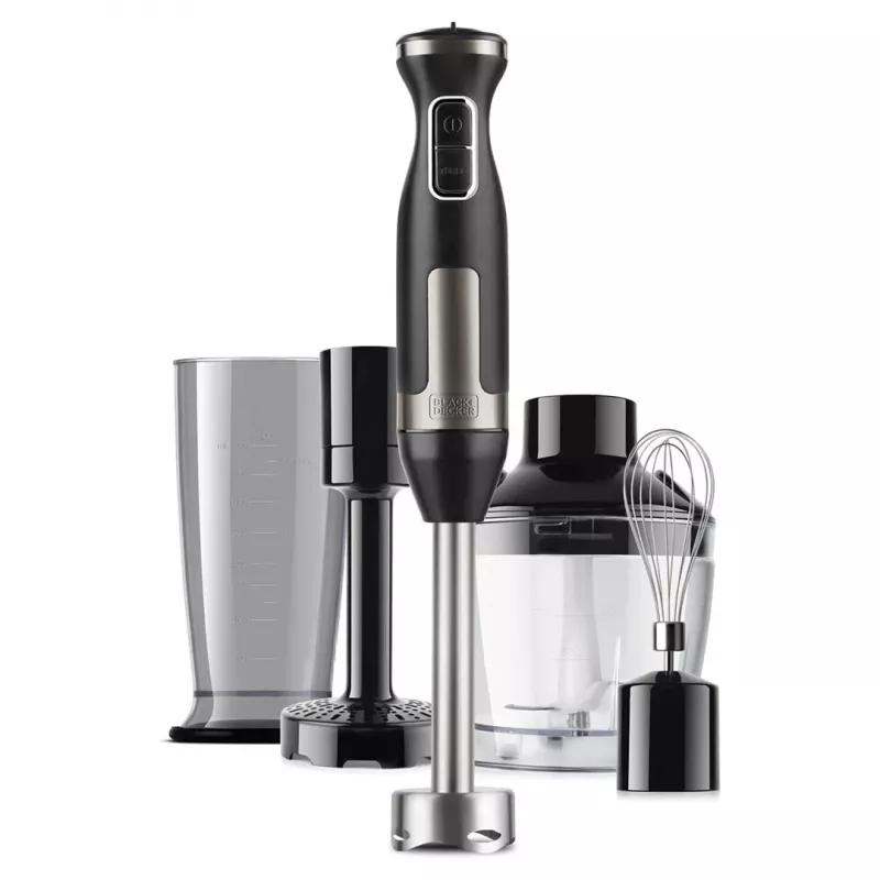 Iegremdējamais blenderis Melns & Decker BXHBA1500E — 1500 W rokas blenderis ar nerūsējošā tērauda vārpstu, 20 ātrumiem, smalcinātāju, putojamo slotiņu, impulsa režīmu