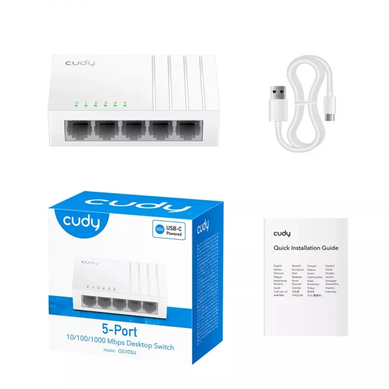 Tīkla slēdzis Cudy GS105U — Nevadāms 5 portu Gigabit Ethernet (10/100/1000), balts, 5 V